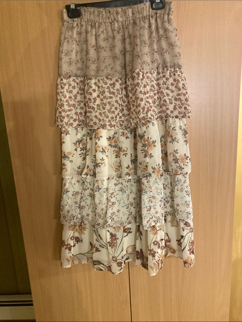 ILLA ILLA Tiered Floral Maxi Skirt in Cream and Beige and Peach and Pink